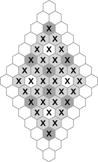 позиции 36 костей гексамино в 64 ячейках гексагонального игрового поля